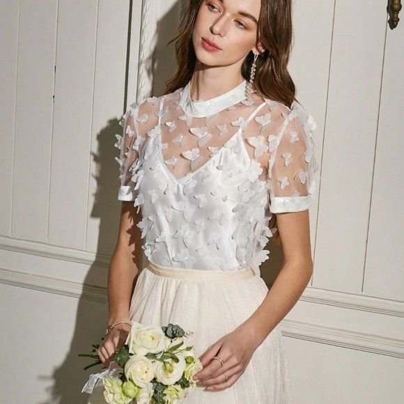 White Boho Womens Butterfly Applique Sheer Top - Picture 5 of 5